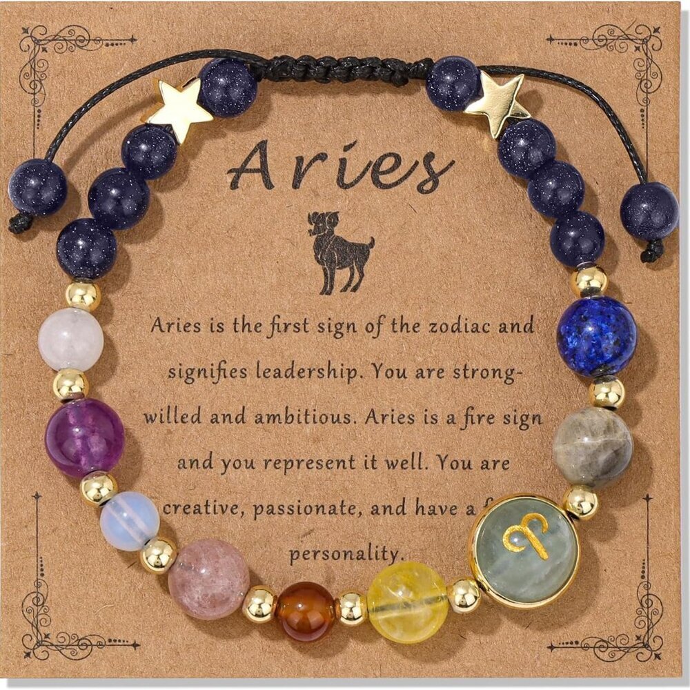 Zodiac Bracelets for Women Men,12 Constellations Healing Crystal Stone Beads Bra